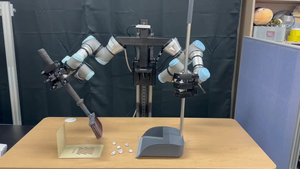 Upper-humanoid robot sweeping with a brush and a dustpan